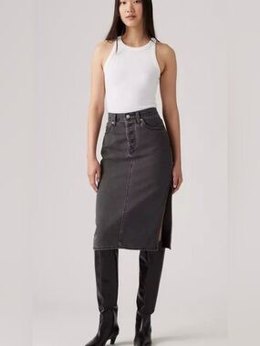 Levis High-Rise Black Denim Midi Skirt with Side Slit NWT